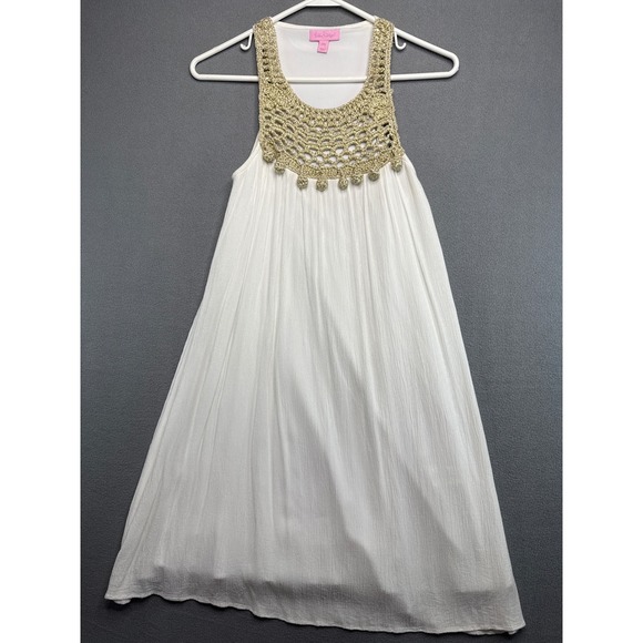 Lilly Pulitzer Dresses & Skirts - Lilly Pulitzer Dress Womens XXS White Gold Metallic Crochet Neck Pom Pom Shift